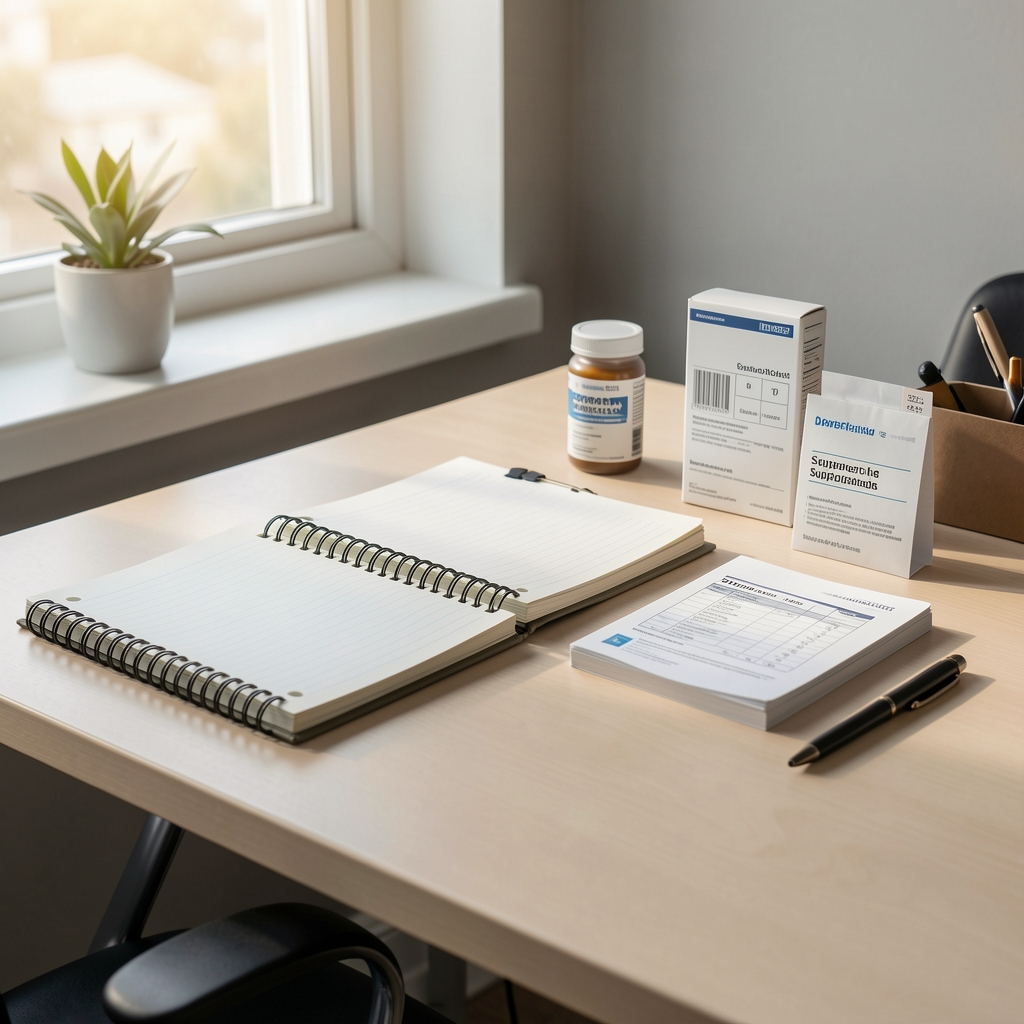 Editorial workspace with notebooks, supplement reference materials, and morning natural light on a clean desk