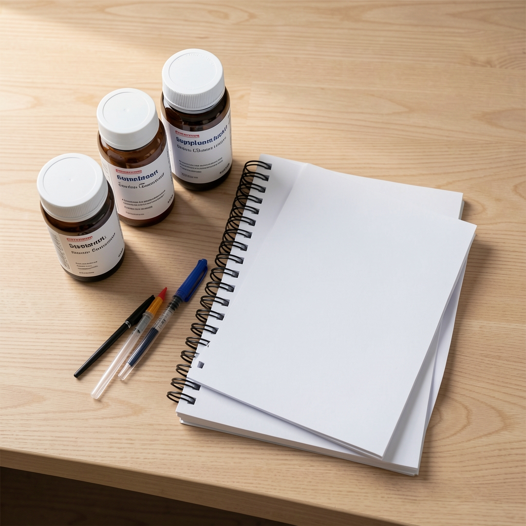Supplement containers and a research journal arranged on a light wood surface, overhead editorial composition