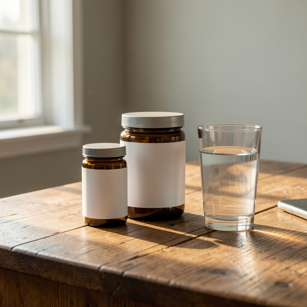 Supplement containers and glass of water on a wooden desk, morning light from a side window, editorial composition