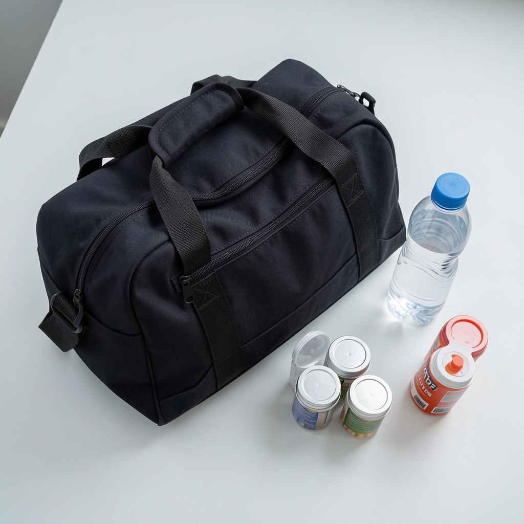 Gym bag and water bottle on a clean surface with supplement containers, flat lay editorial photograph
