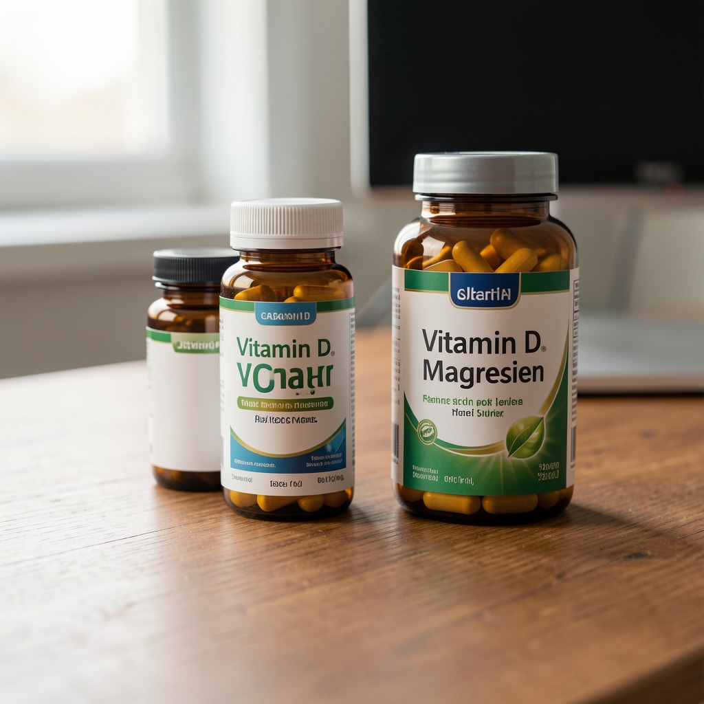 Close-up of vitamin D and magnesium supplement containers arranged on a wooden desk with soft natural light and minimal composition