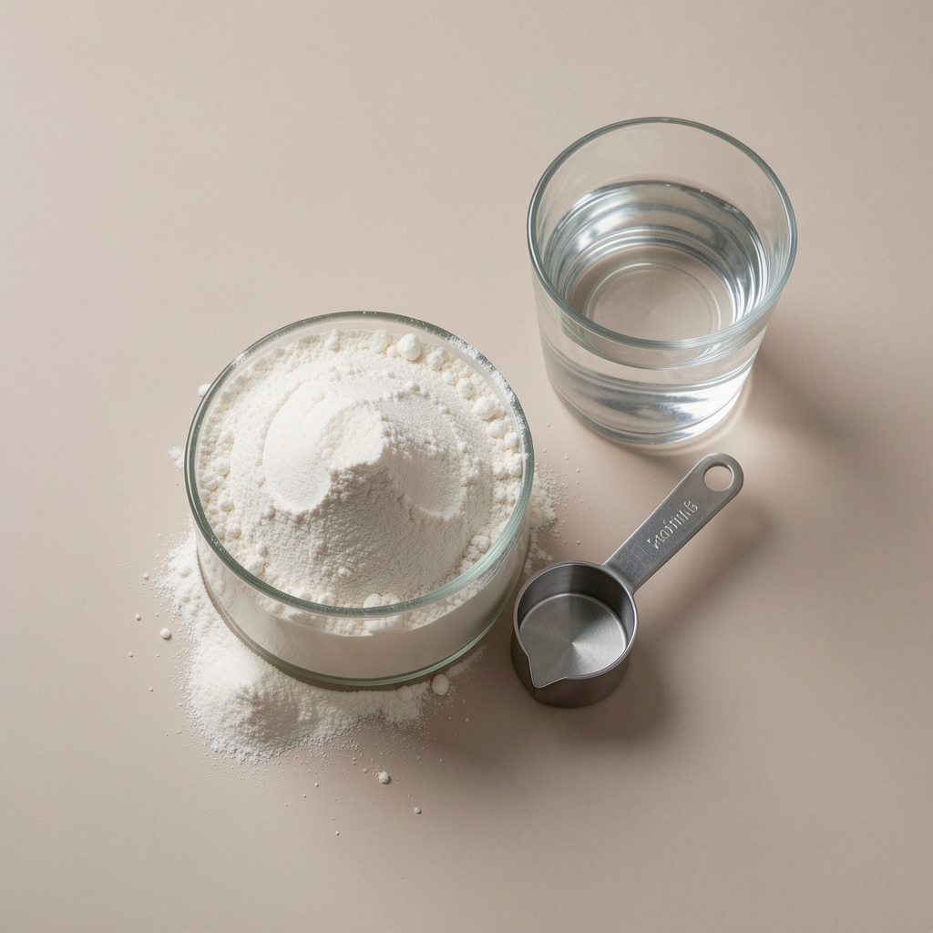 Protein powder and measuring scoop on a neutral background with a glass of water, overhead editorial composition