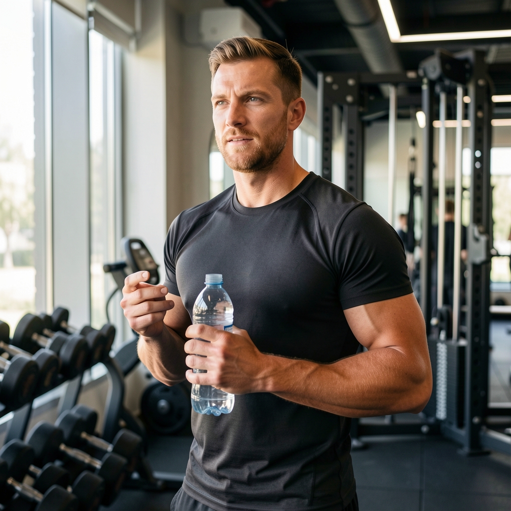 Active man in gym with water bottle and resistance equipment visible in background, natural light editorial photograph
