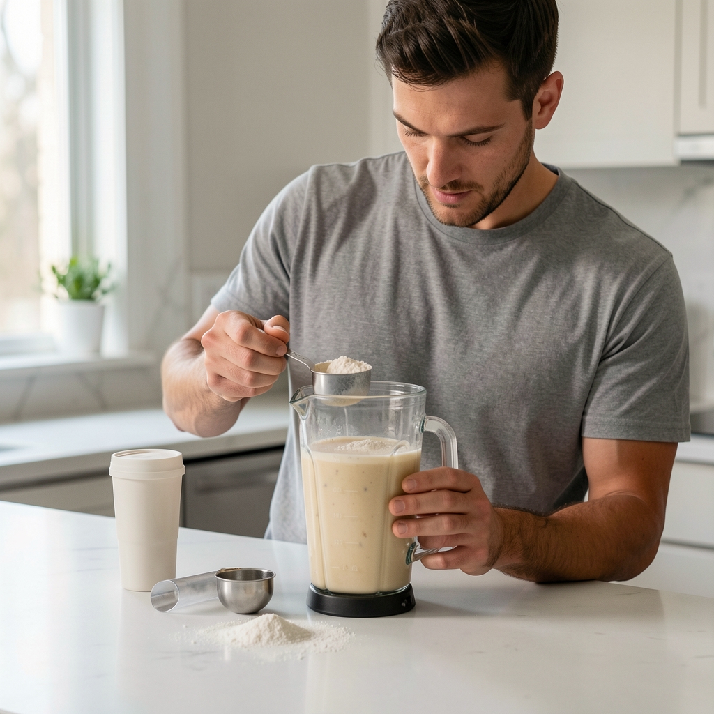 Man preparing a protein shake with measuring scoop and powder on a clean kitchen counter in editorial flat lay composition