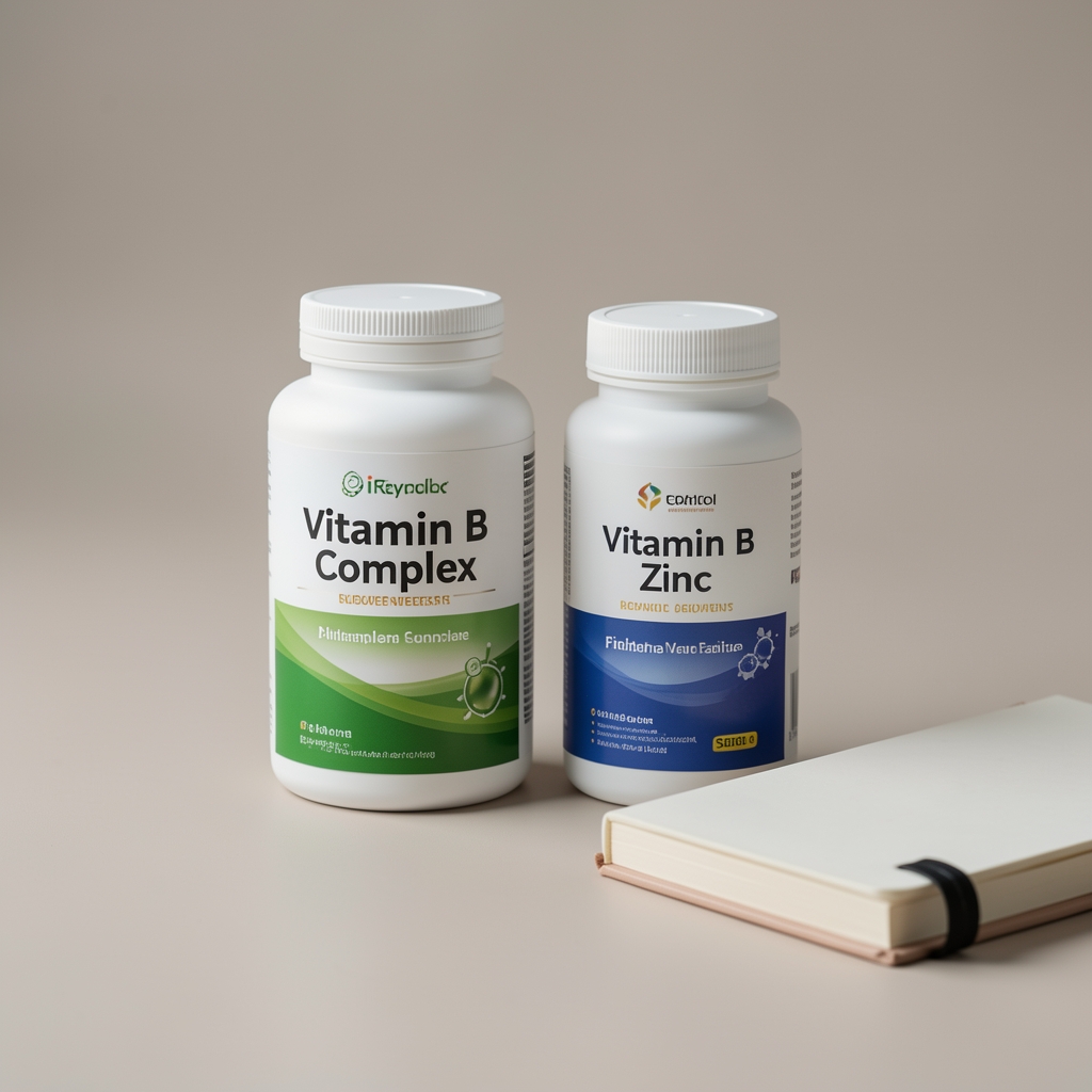 Vitamin B complex and zinc supplement containers on a neutral surface with a notebook beside them