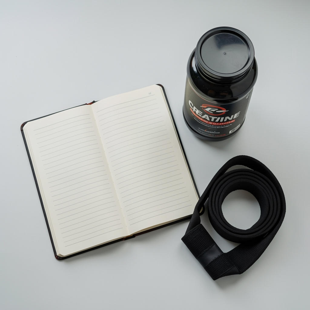 Open notebook next to creatine container and resistance band on a clean flat surface with overhead editorial lighting