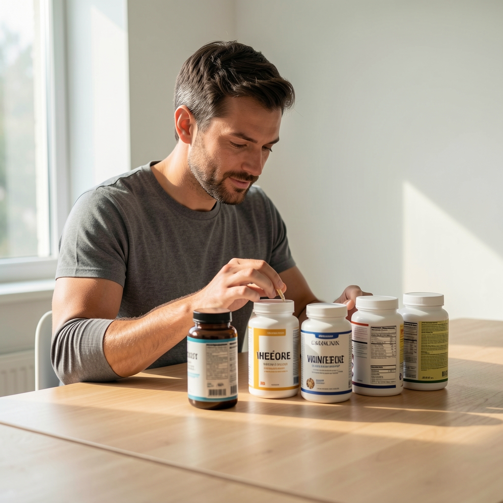 Active man reviewing supplement containers on a minimal wooden desk in natural morning light