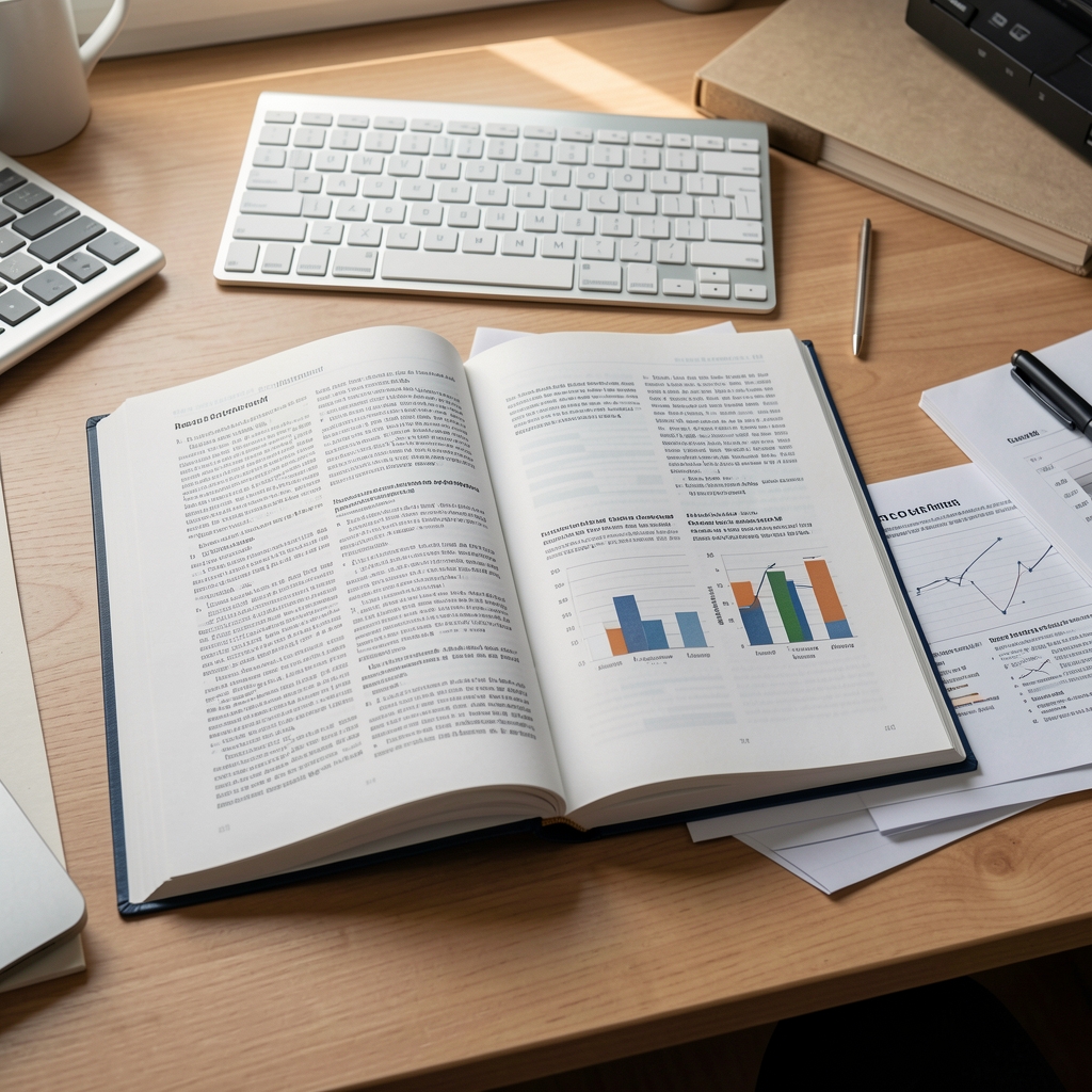 Open research journal and supplement reference materials on a desk, editorial overhead composition